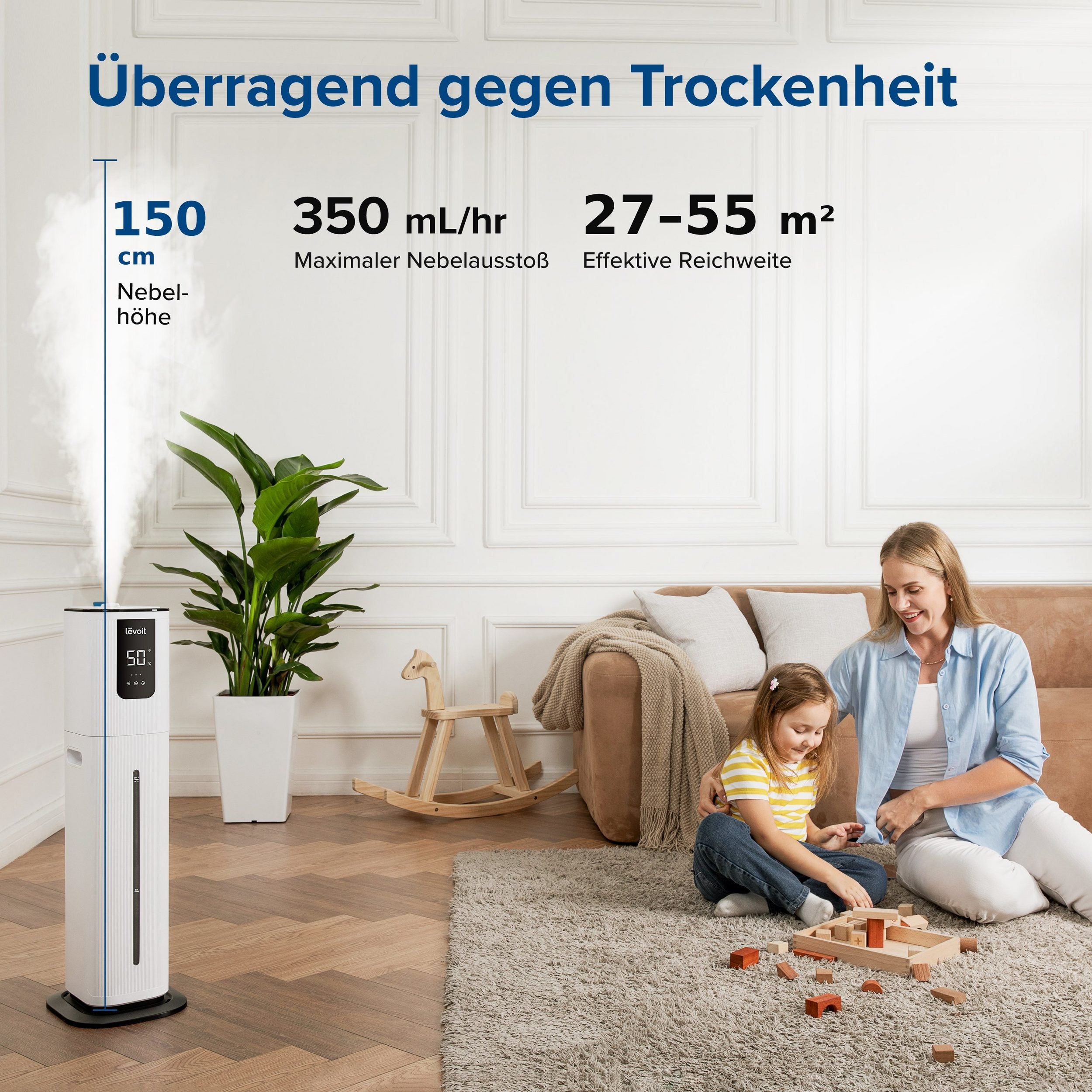 Levoit OasisMist 1000S Luftbefeuchter mit 150 cm Nebelhöhe, 350 mL/h Nebelvolumen und einer Reichweite von 27-55 m²