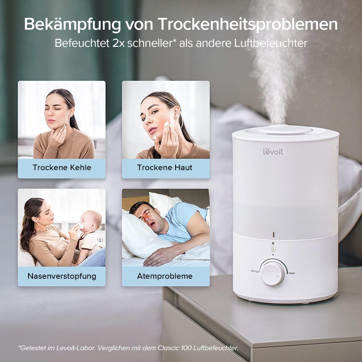 Levoit Dual 150 Luftbefeuchter | Bekämpft trockene Kehle, Haut, Nasenverstopfung und Atemprobleme, 2x schnellere Befeuchtung.
