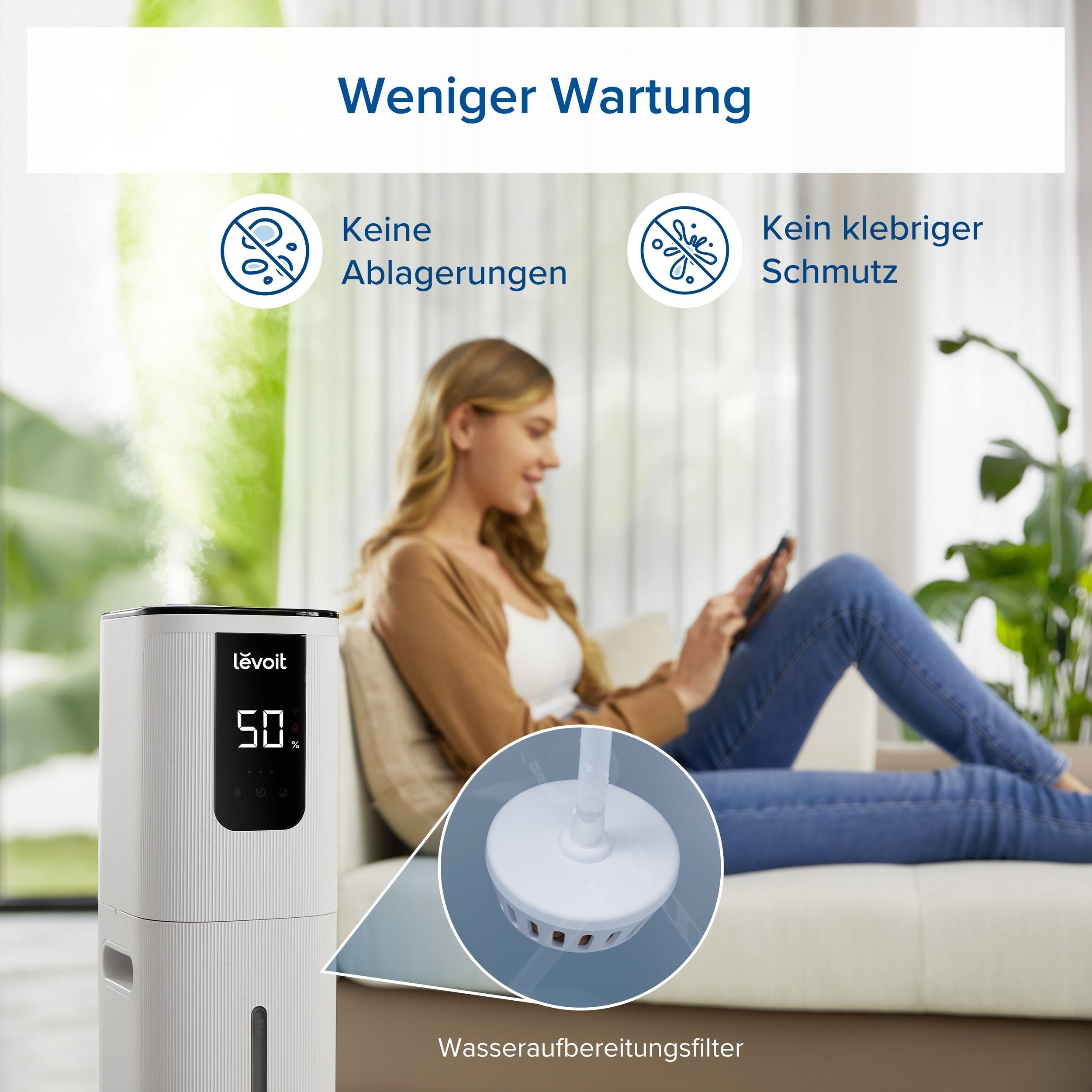 Levoit OasisMist 1000S Luftbefeuchter mit Wasseraufbereitungsfilter für weniger Ablagerungen und keinen klebrigen Schmutz
