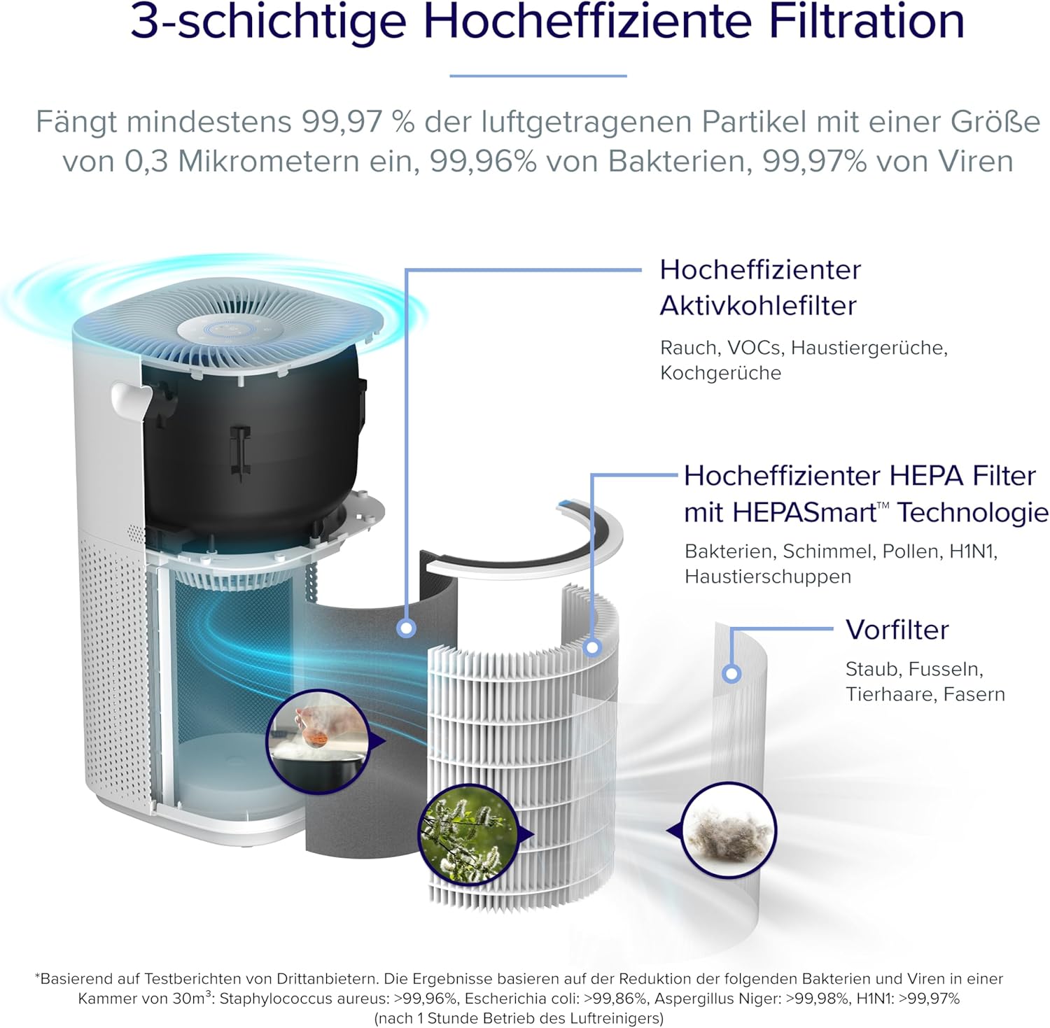 Levoit Luftreiniger 3-in-1 Filtersystem: Vorfilter, True HEPA Filter (HEPASmart) und Aktivkohlefilter. Erklärt Filtration gegen Pollen, Viren, Staub und Gerüche.