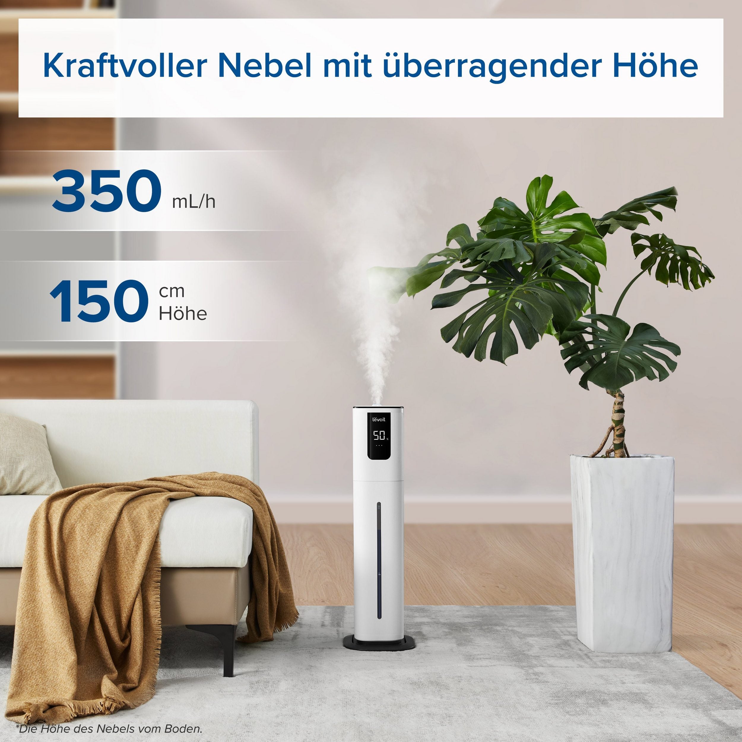 Levoit OasisMist 1000S Luftbefeuchter mit 350 mL/h Nebelvolumen und 150 cm Nebelhöhe für effektive Luftbefeuchtung.