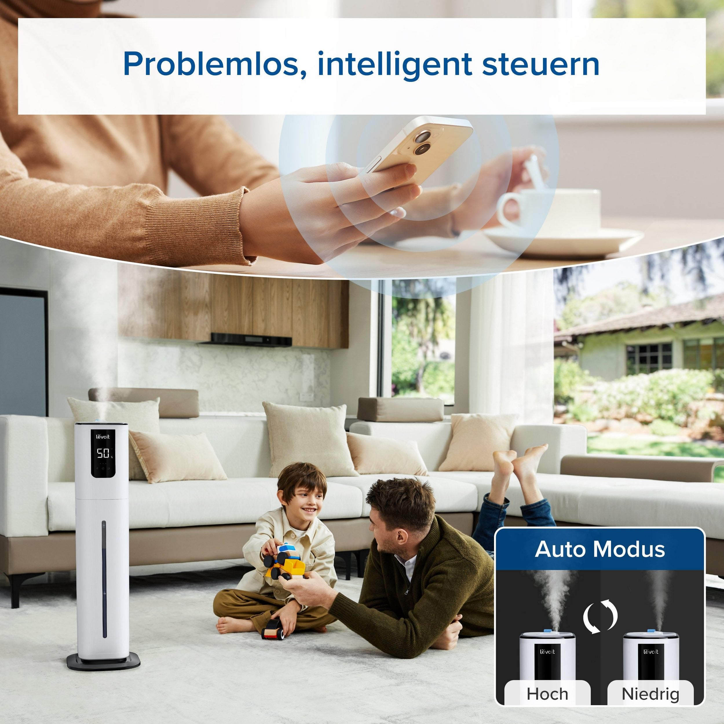 Levoit OasisMist 1000S Luftbefeuchter mit App-Steuerung und Auto-Modus für intelligente Luftfeuchtigkeitsregulierung.