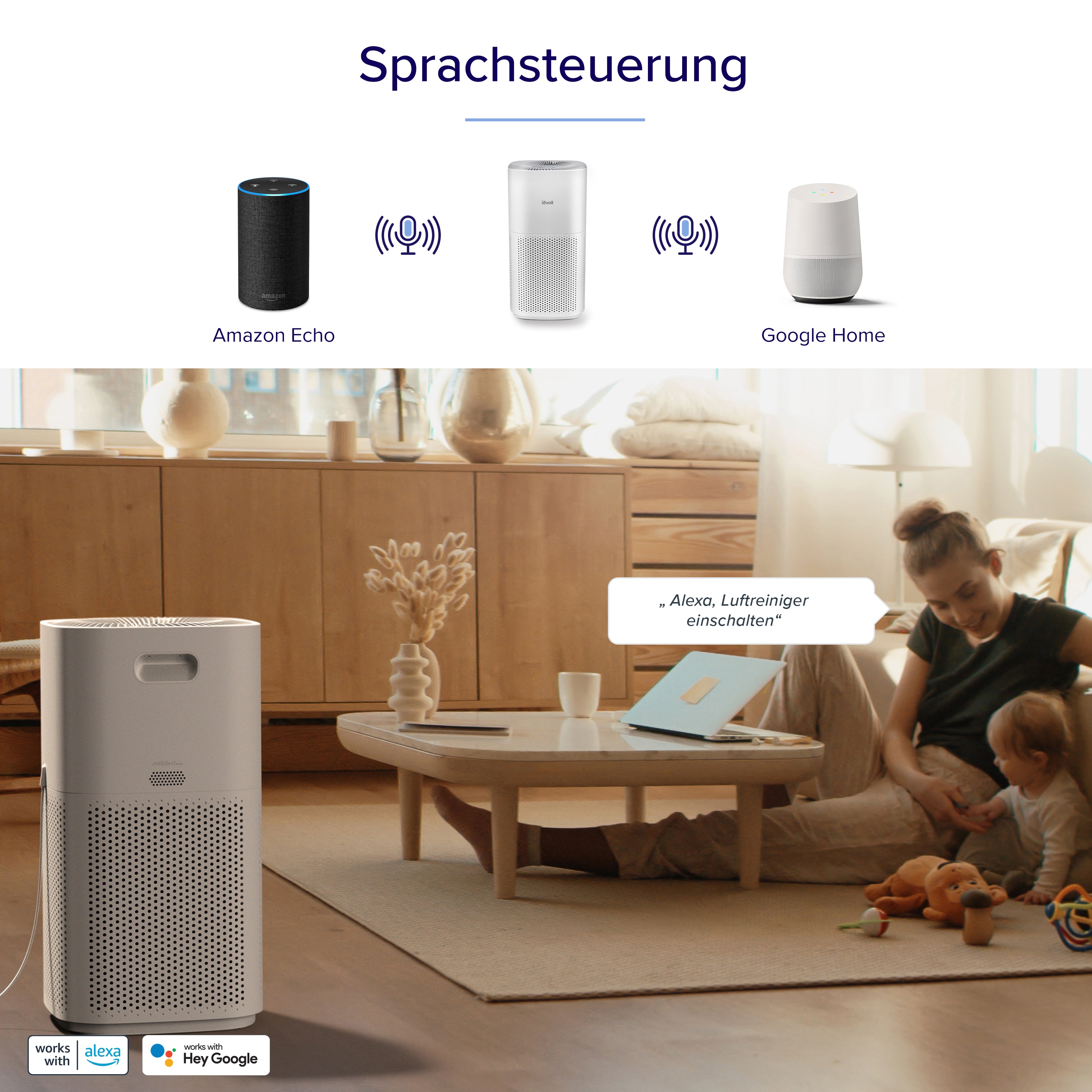 Levoit Core 600S Luftreiniger mit Sprachsteuerung über Alexa und Google Home.