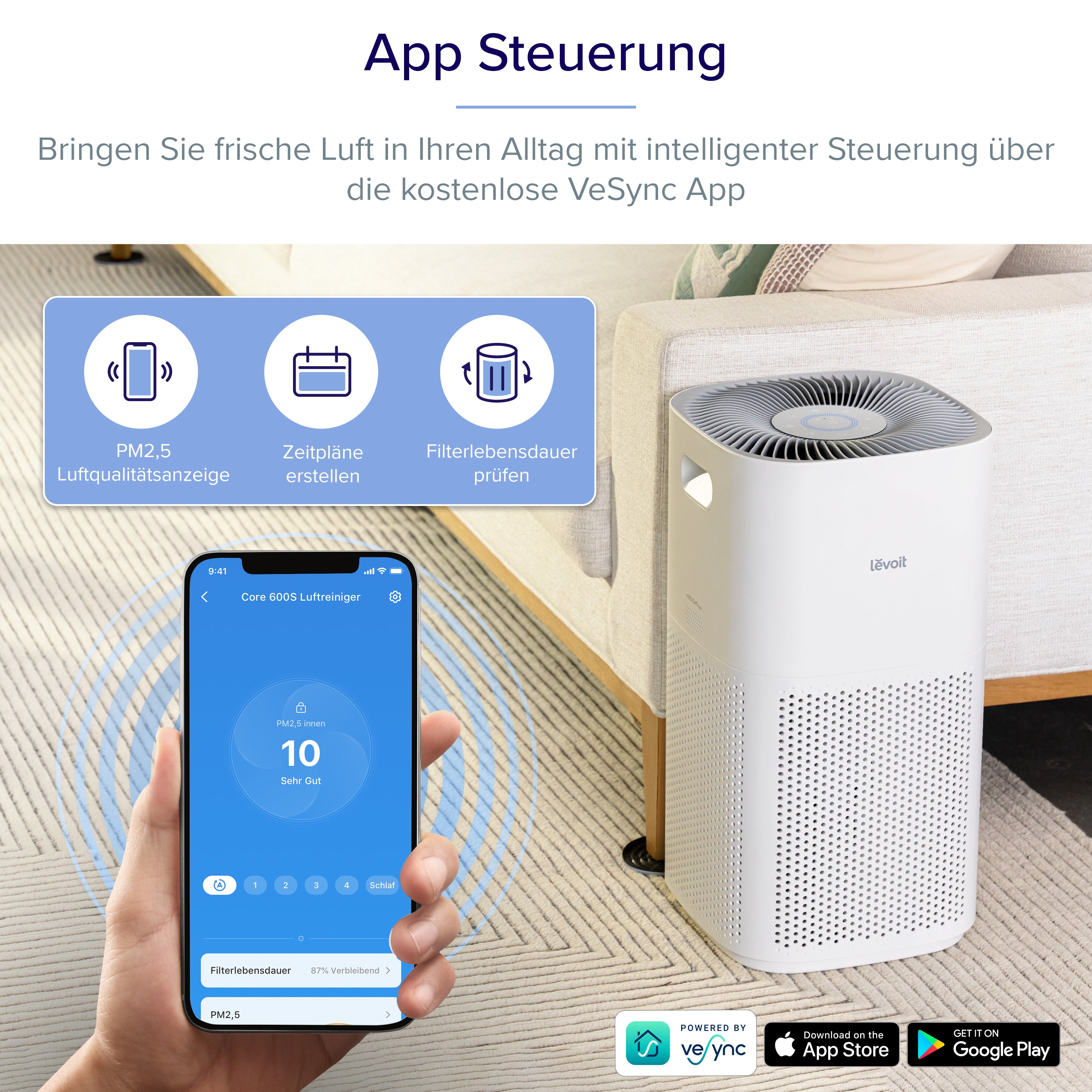 Levoit Core 600S Luftreiniger mit App Steuerung über VeSync für Luftqualität und Filter.