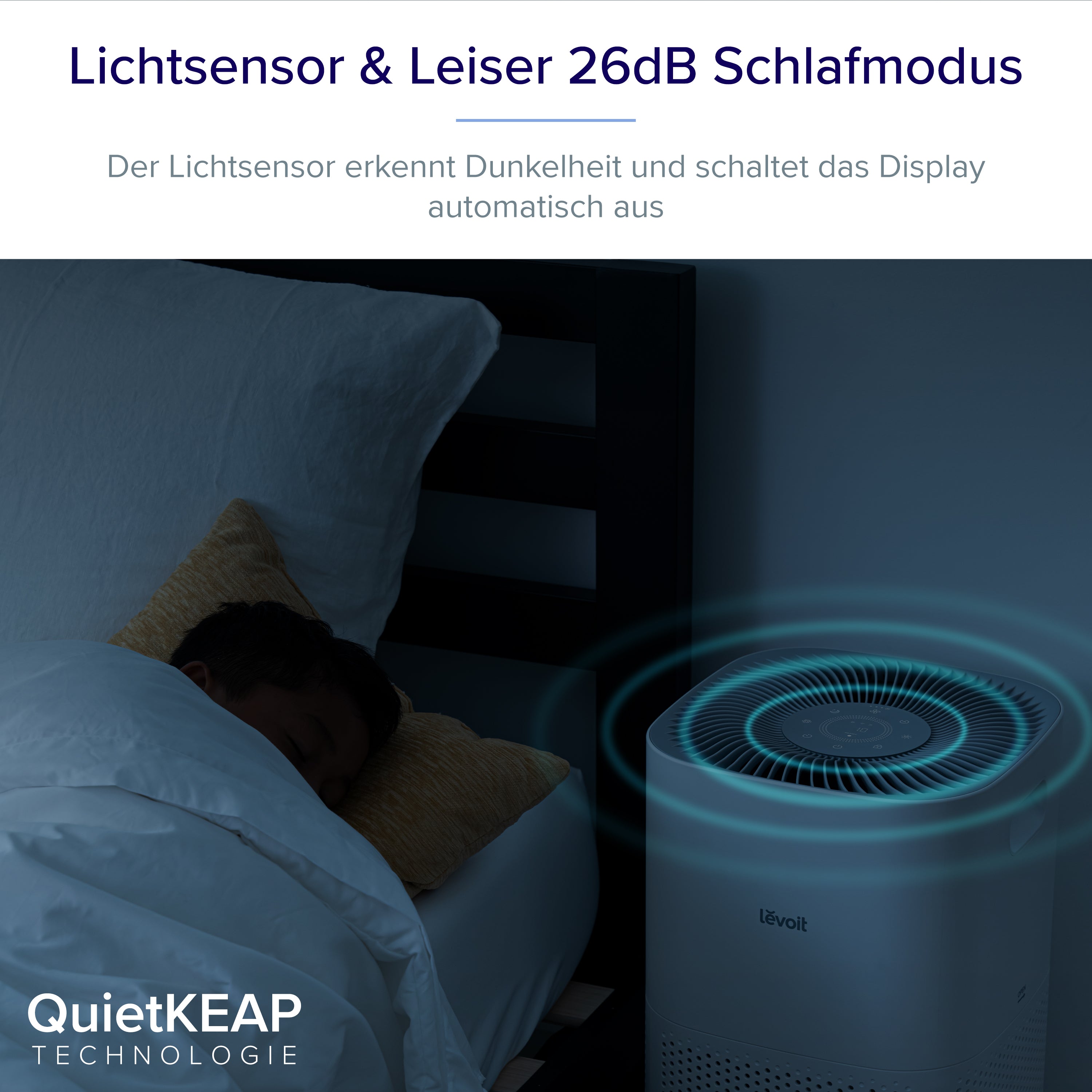 Levoit Core 600S Luftreiniger mit 26dB Schlafmodus und Lichtsensor für Schlafzimmer.
