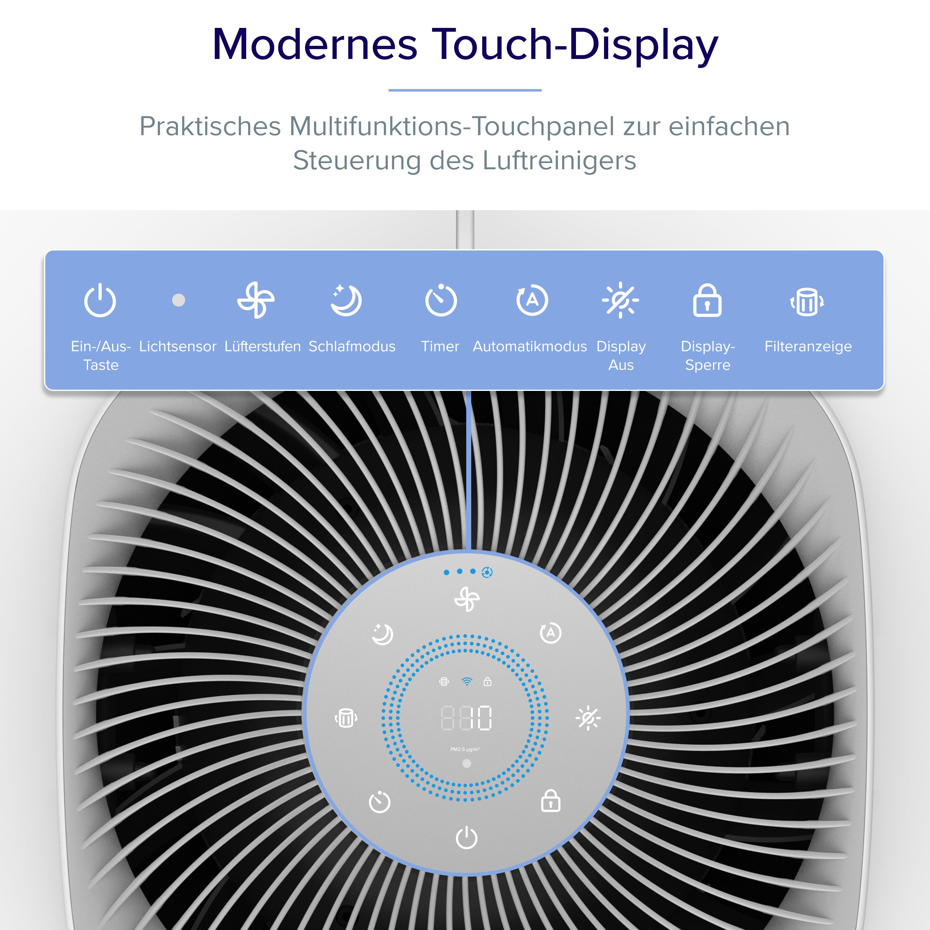 Levoit Core 600S Luftreiniger mit modernem Touch-Display und einfacher Steuerung.