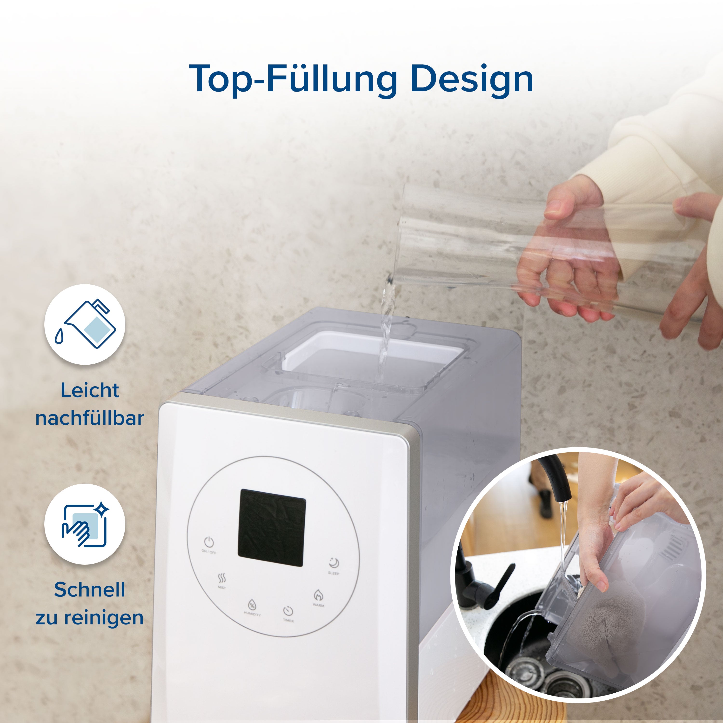 Levoit LV600S Luftbefeuchter mit Top-Fill Design, leicht nachfüllbar und reinigbar.