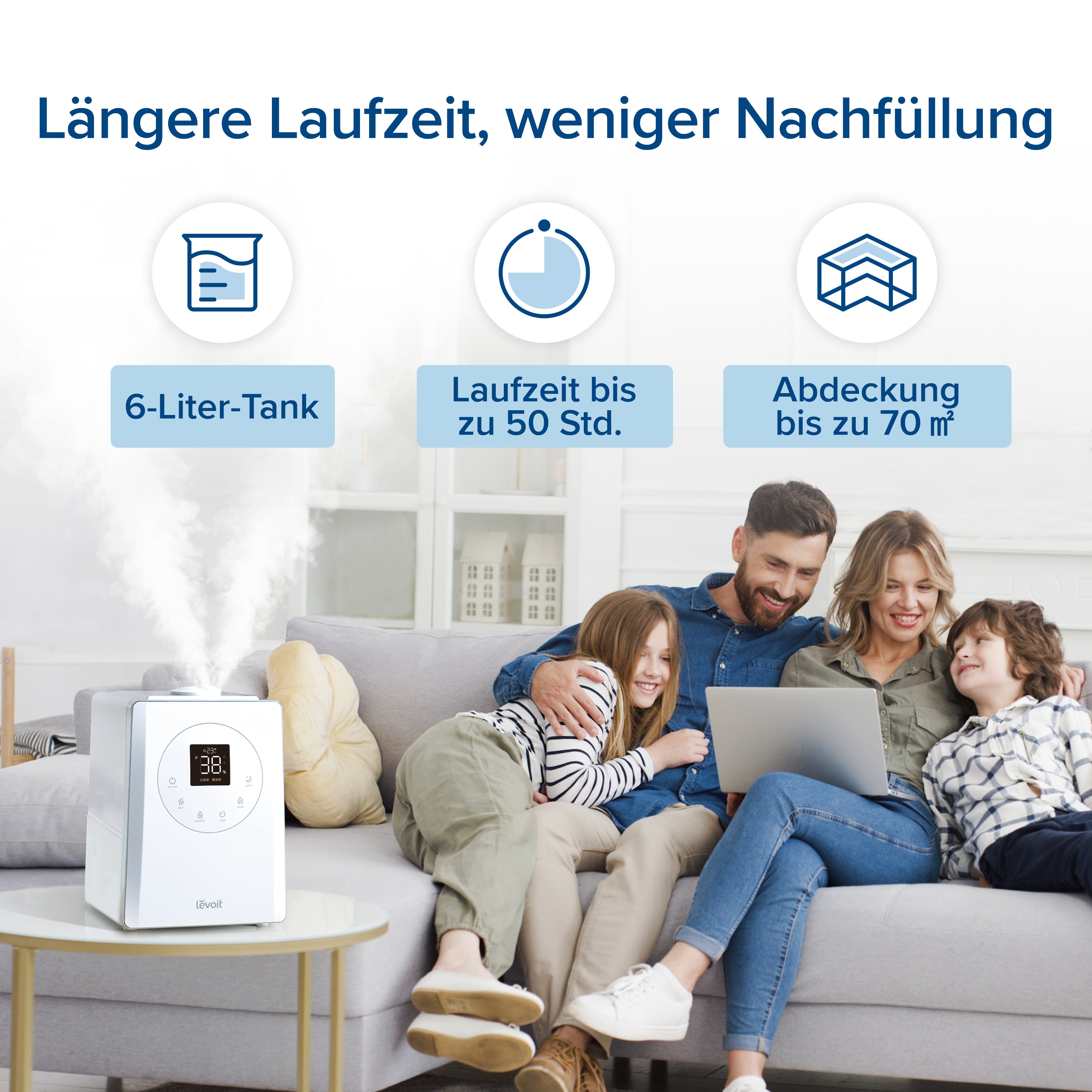 Levoit LV600S Luftbefeuchter mit 6L Tank, 50h Laufzeit und Abdeckung bis 70㎡.