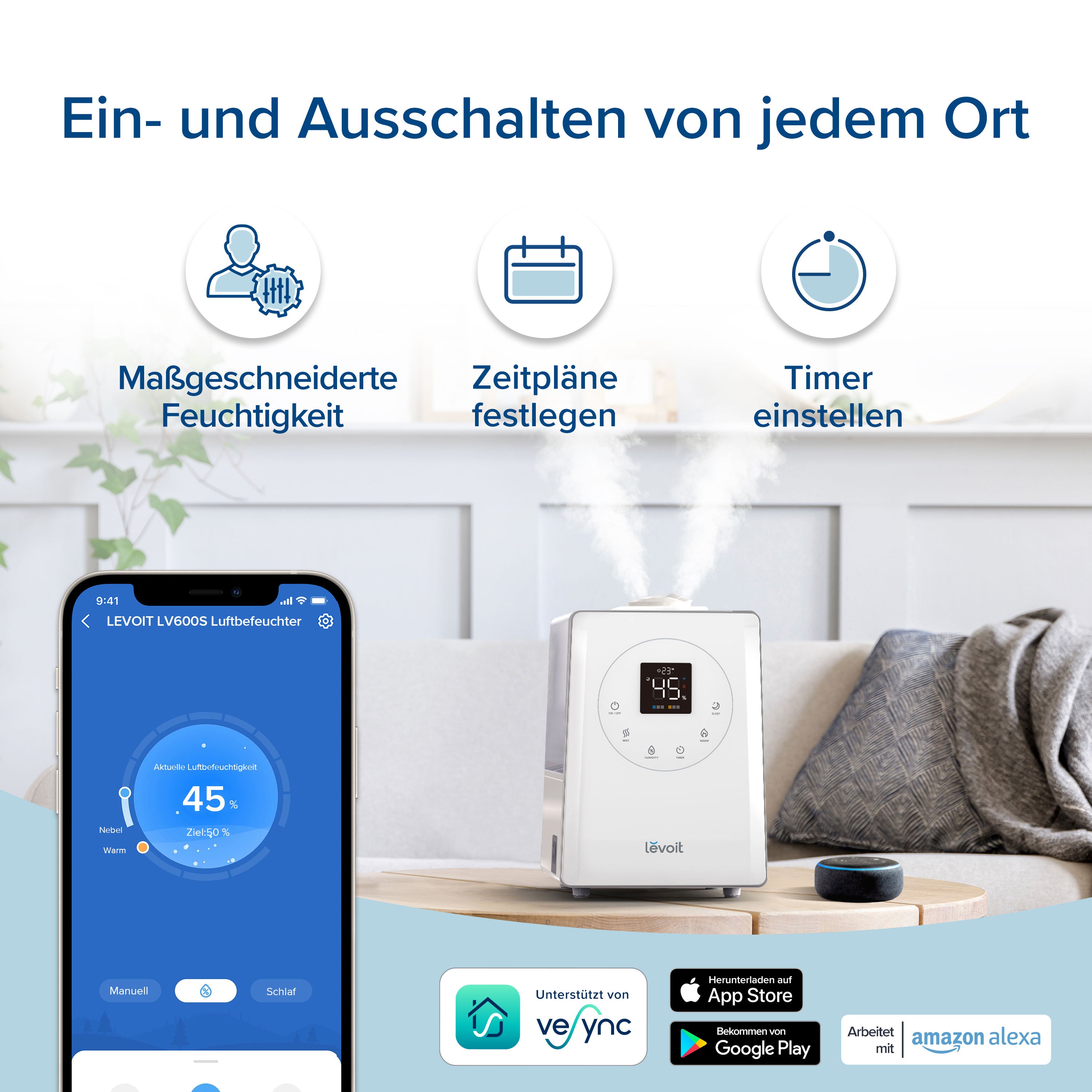 Levoit LV600S Luftbefeuchter mit App-Steuerung, Timer und individueller Luftfeuchtigkeit.