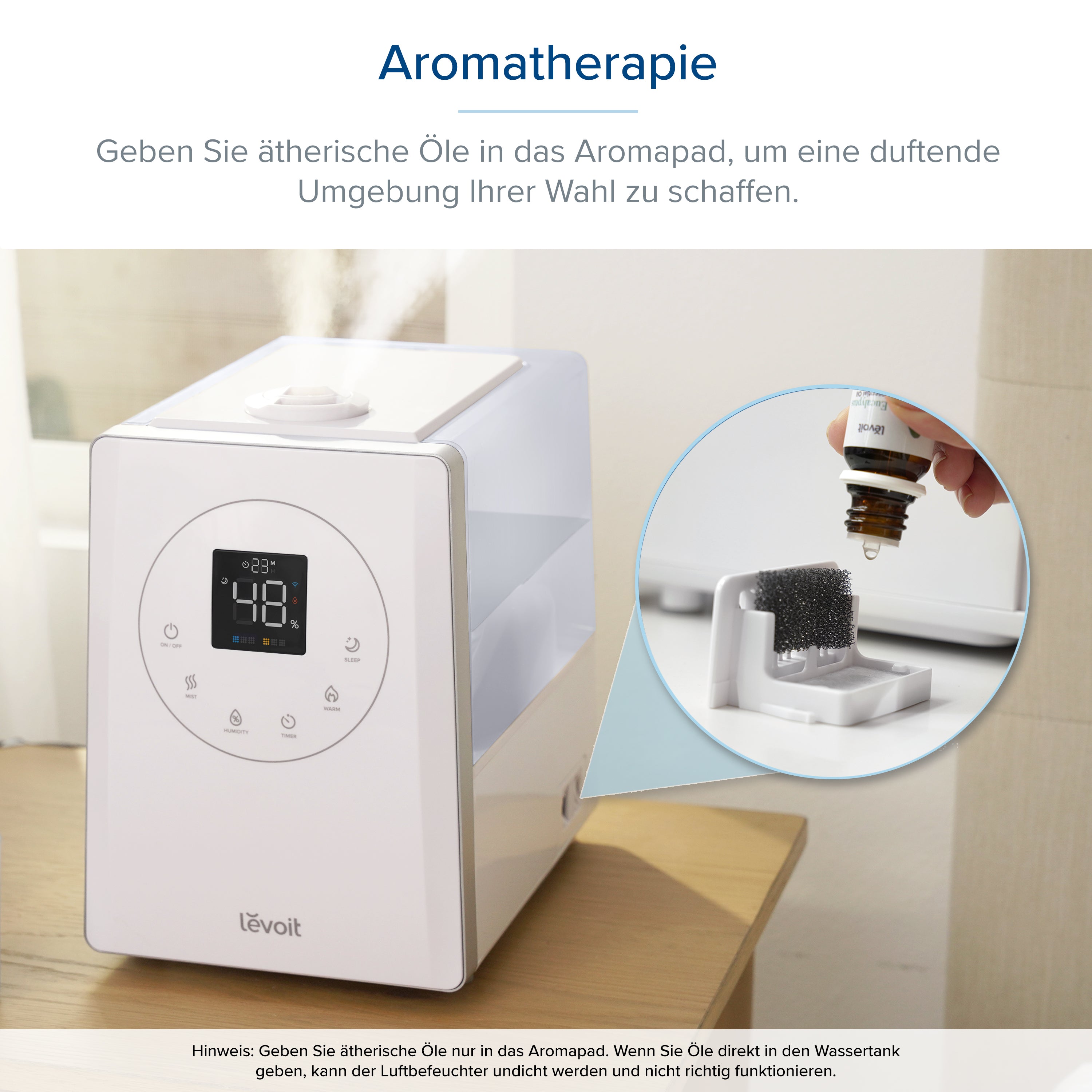 Levoit LV600S Luftbefeuchter mit Aromatherapie Fach für ätherische Öle.