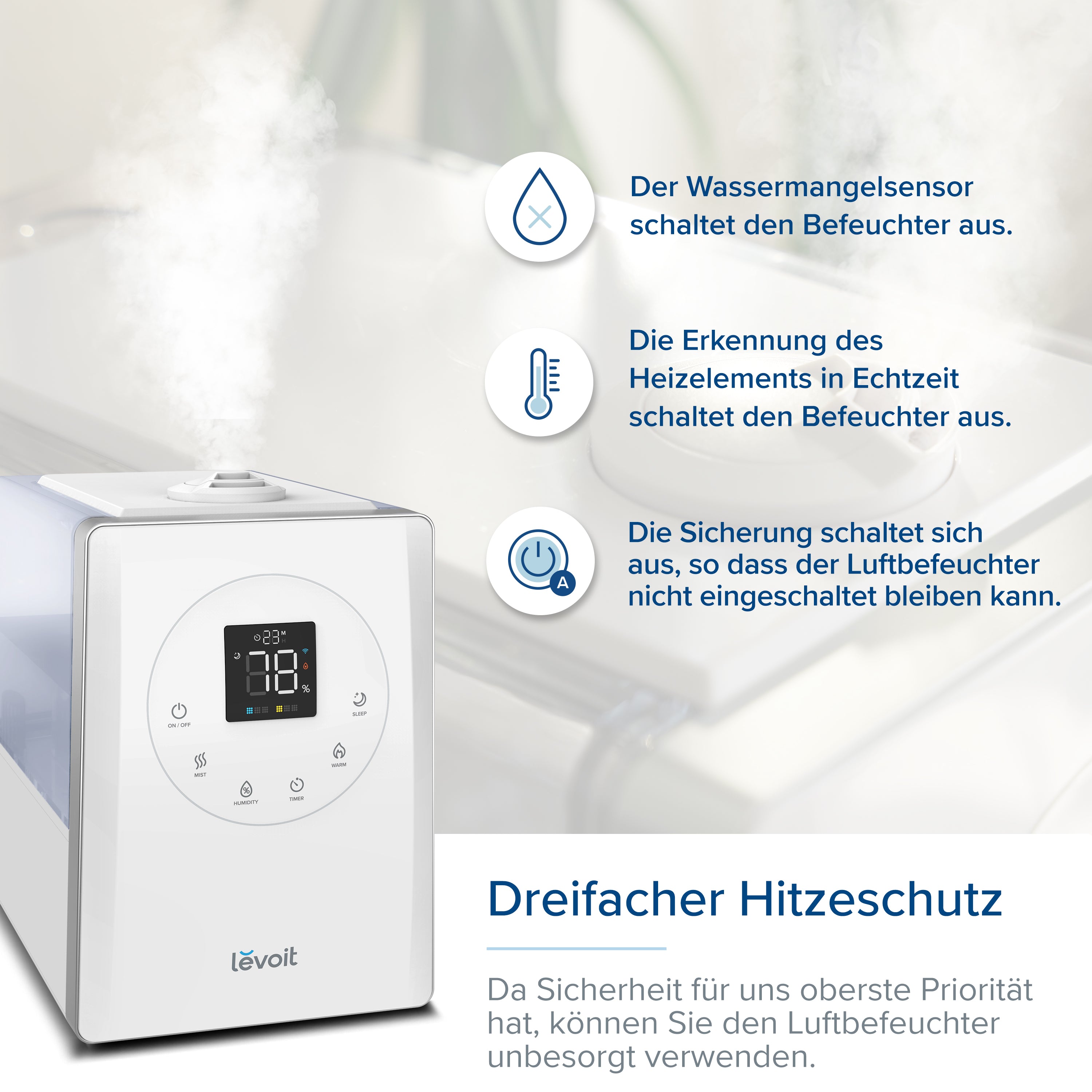 Levoit LV600S Luftbefeuchter mit dreifachem Hitzeschutz und Sicherheitsfunktionen.