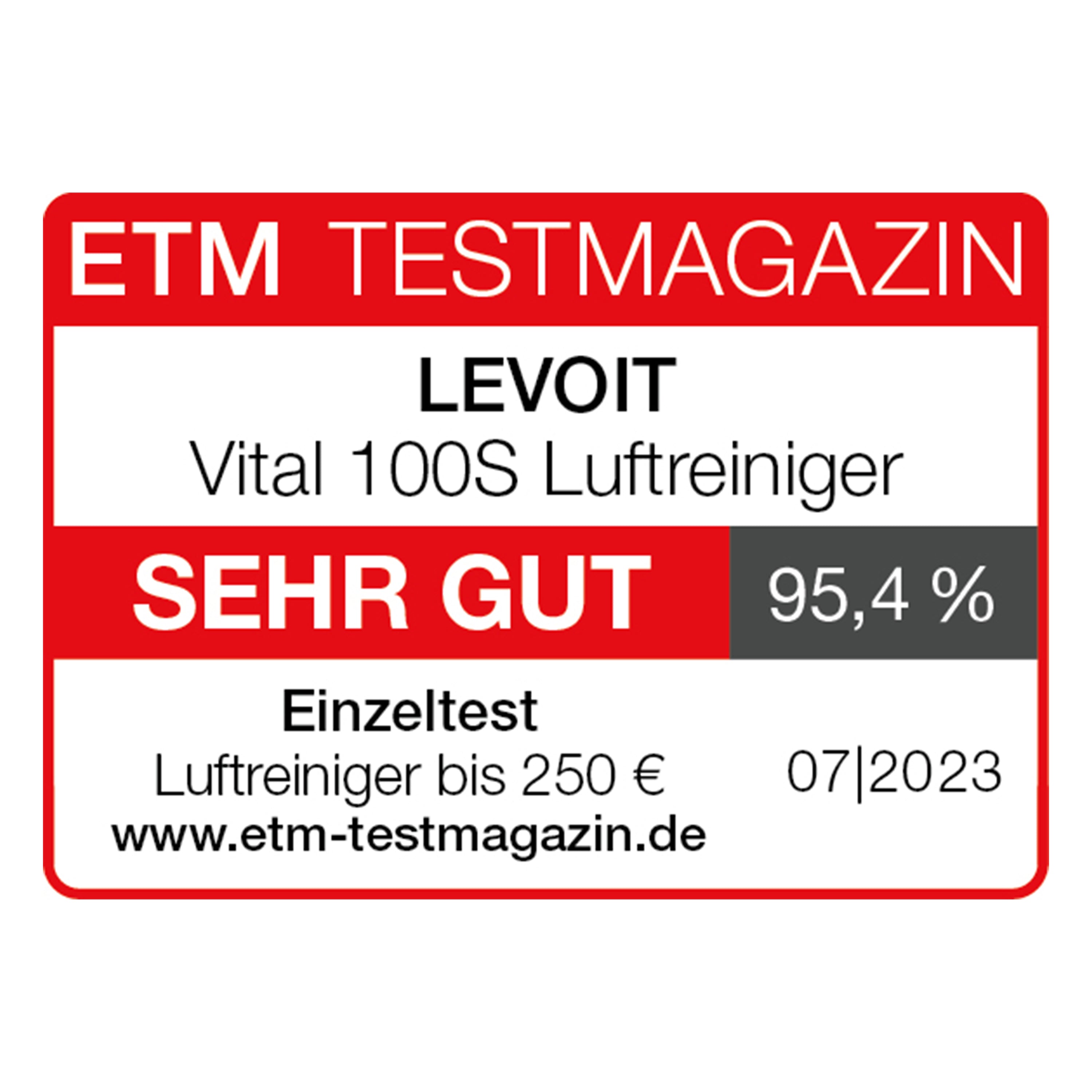Levoit Vital 100S Luftreiniger Testsieger ETM 2023 mit Bewertung Sehr Gut 95,4%."