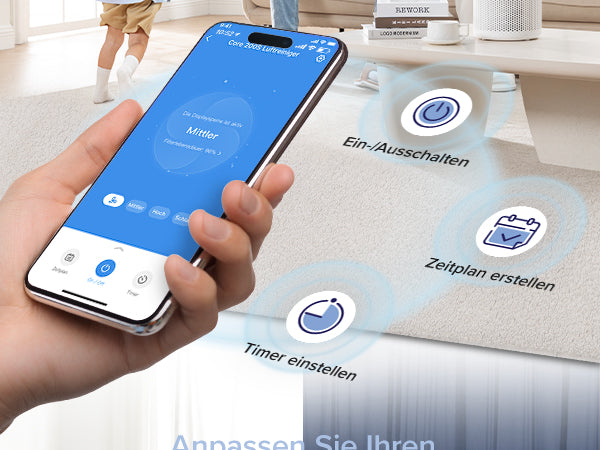 Levoit Core 200S Luftreiniger mit App-Steuerung zur Anpassung von Zeitplan, Lüftergeschwindigkeit und Timer.