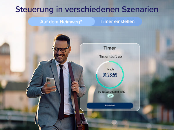 Levoit Core® 200S Luftreiniger mit Timer-Einstellung in einer modernen Stadtumgebung, gesteuert über ein Smartphone von einem Benutzer.