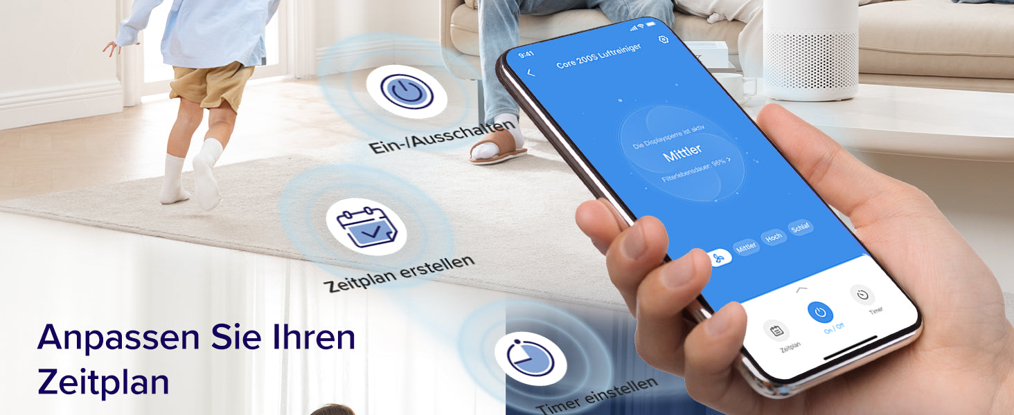 Levoit Core 200S Luftreiniger mit App-Steuerung zur Anpassung von Zeitplan, Lüftergeschwindigkeit und Timer.