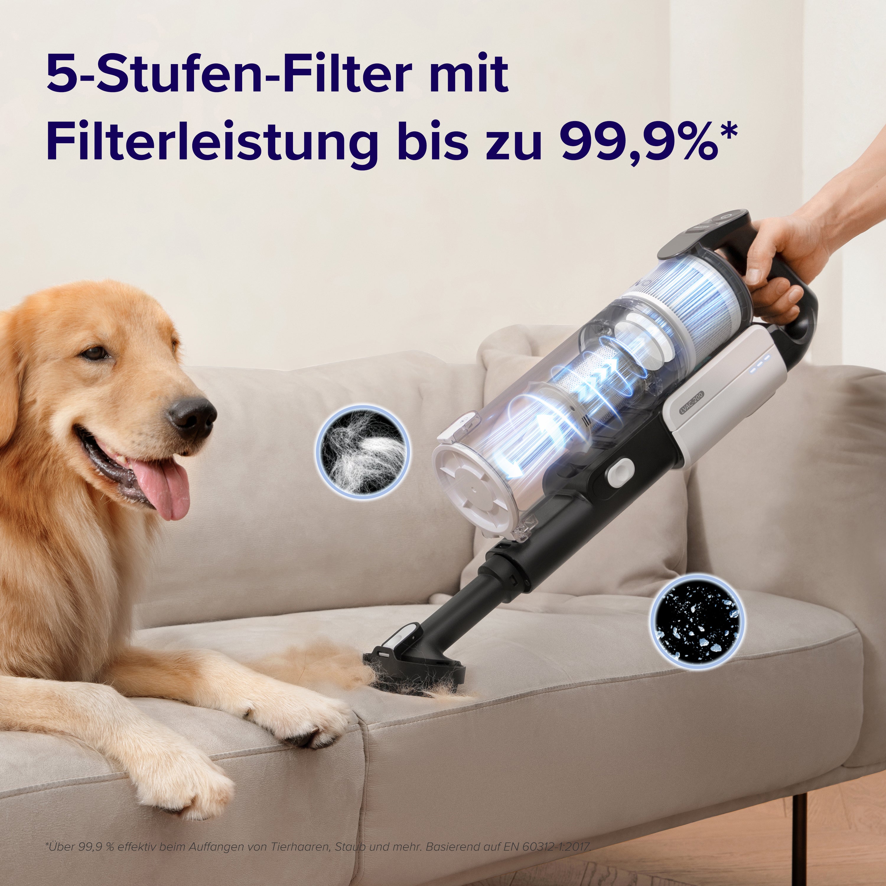 Levoit LVAC-200 Akku Staubsauger mit 5-Stufen-Filter entfernt 99,9% Tierhaare und Staub.