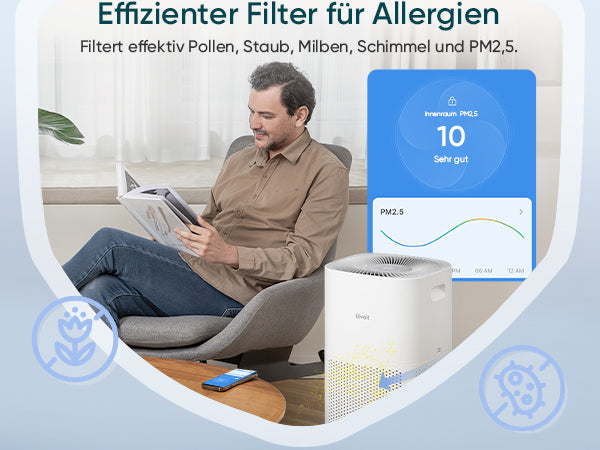 Levoit Luftreiniger mit effizientem Filter für Allergien, entfernt Pollen, Staub, Milben, Schimmel und PM2.5 für saubere Luft