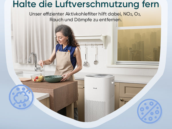 Levoit Core® 600S Luftreiniger mit aktivem Kohlenstofffilter, entfernt NO2, O3, Rauch und Dämpfe für saubere Luft in Ihrer Küche.