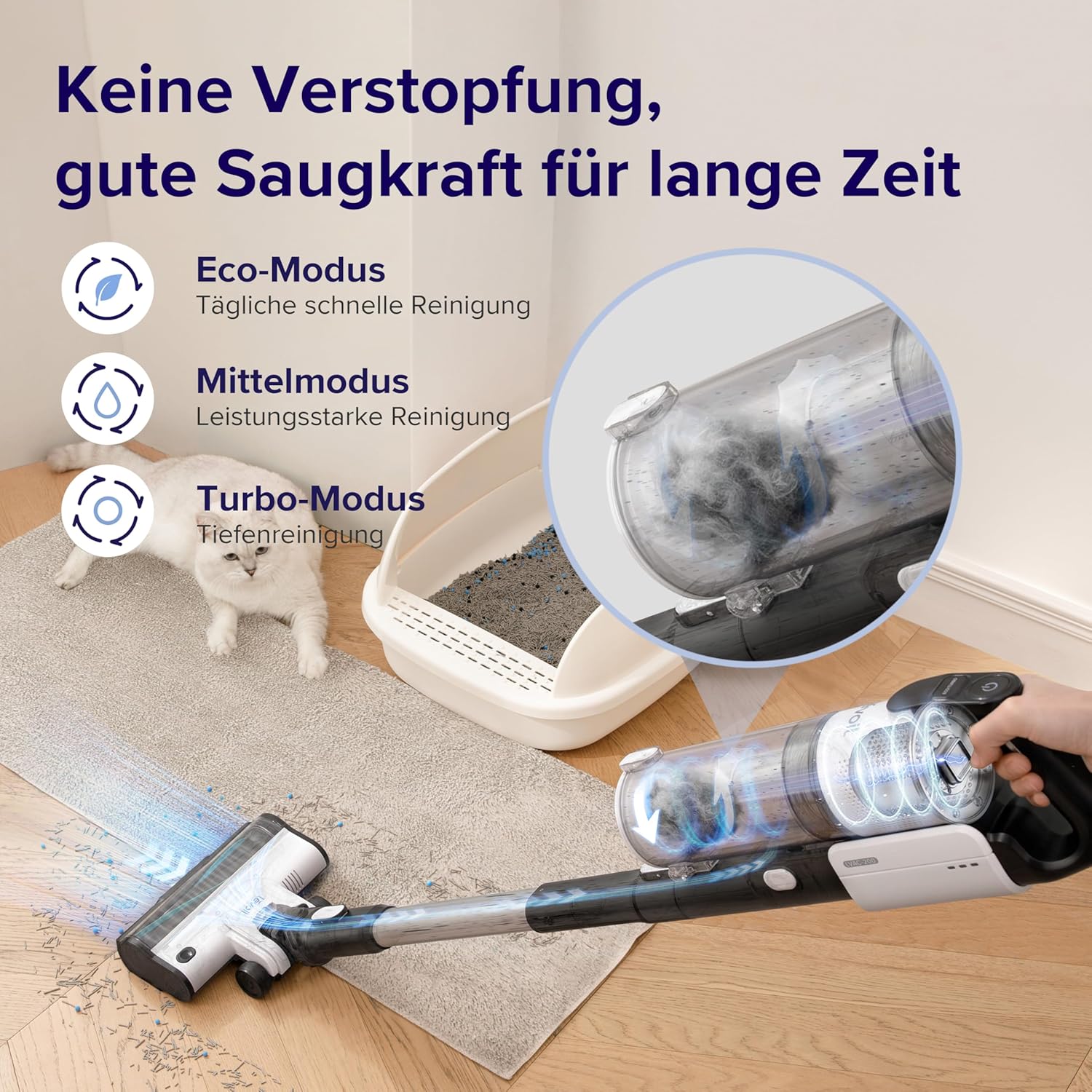 Levoit LVAC-200 Akku Staubsauger mit Eco, Mittel und Turbo Modus für starke Saugkraft ohne Verstopfung.