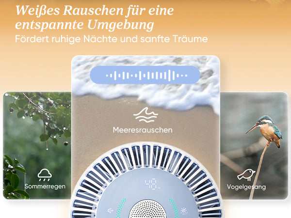 Levoit Sprout Luftreiniger mit weißem Rauschen, ideal zur Förderung ruhiger Nächte. Entfernt Staub und sorgt für eine entspannte Umgebung.