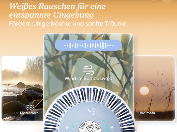 Levoit Sprout Luftreiniger – Wählen Sie aus beruhigenden Naturgeräuschen wie Sommerregen, Meeresrauschen und Vogelgesang für eine entspannte Atmosphäre.