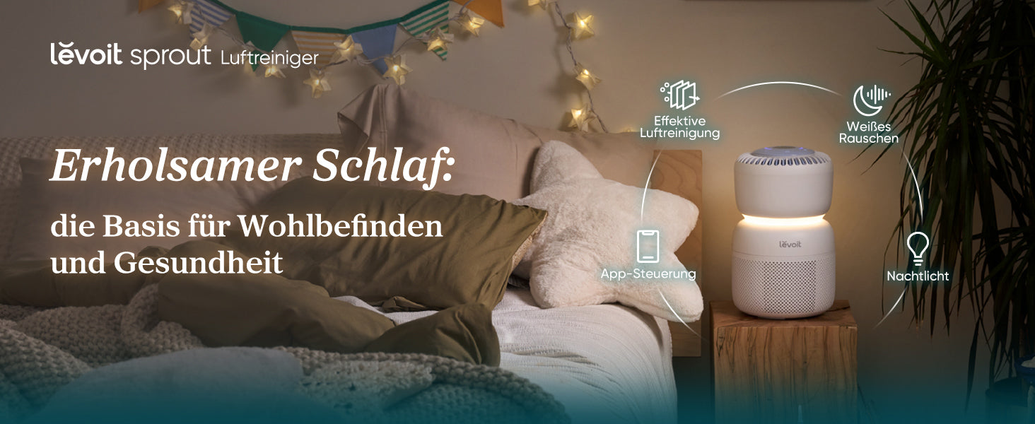 Levoit Sprout Luftreiniger für erholsamen Schlaf mit effektiver Luftreinigung, weißem Rauschen, Nachtlicht und App-Steuerung.