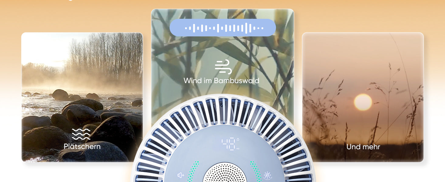 Levoit Sprout Luftreiniger – Wählen Sie aus beruhigenden Naturgeräuschen wie Sommerregen, Meeresrauschen und Vogelgesang für eine entspannte Atmosphäre.