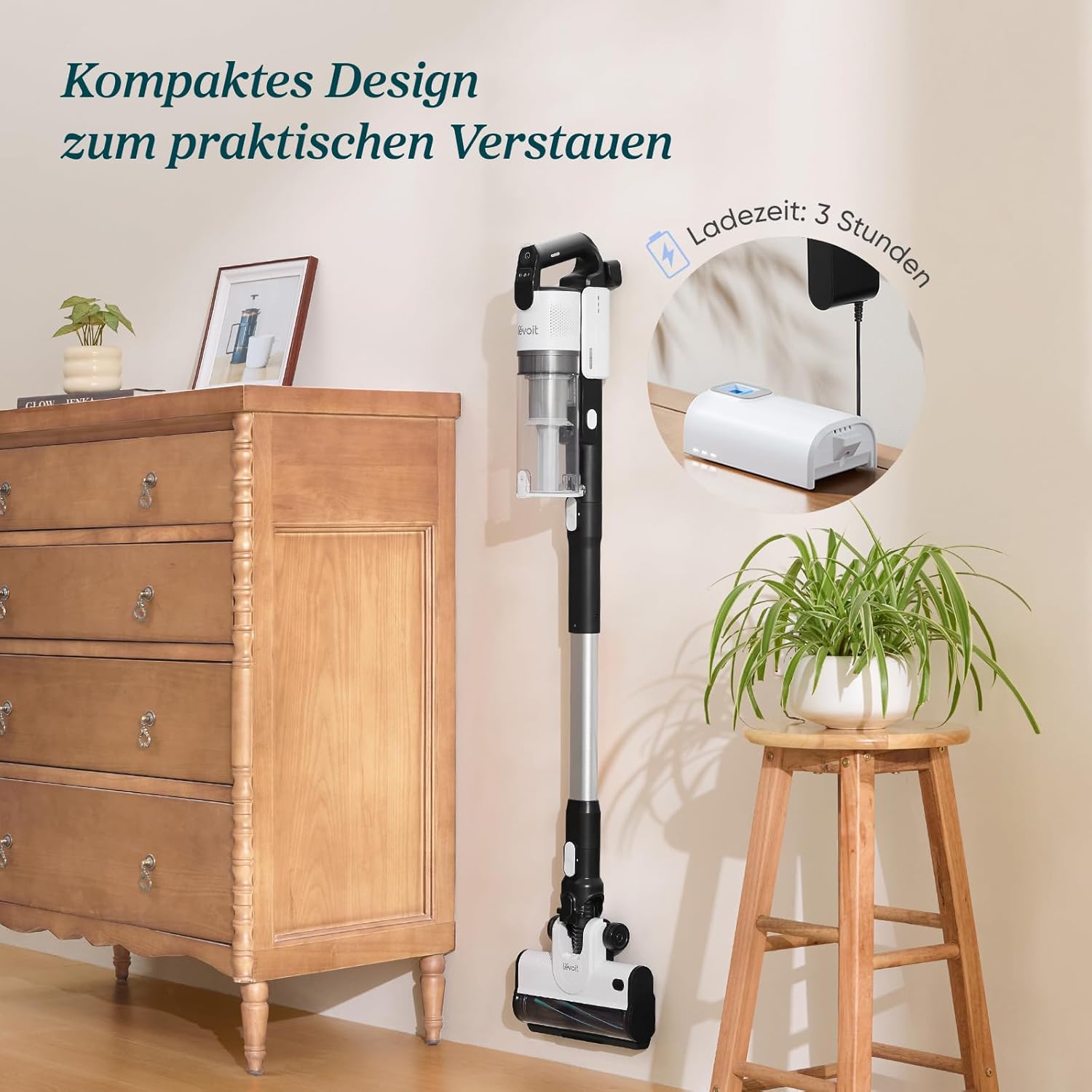 Levoit LVAC-200 Akku Staubsauger mit kompaktem Design und 3 Stunden Ladezeit.