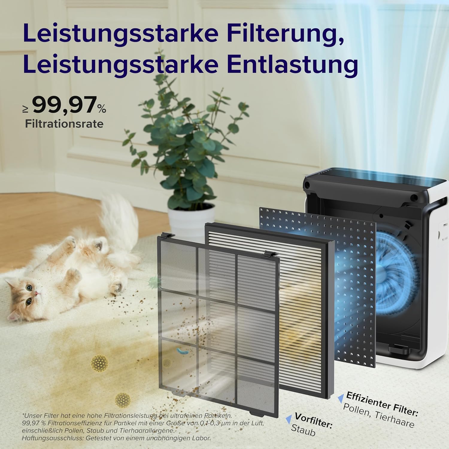 Der Levoit Vital 100S Luftreiniger filtert 99,97% von Staub, Pollen und Tierhaaren aus der Luft.