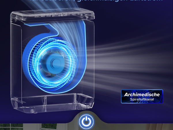 Levoit Luftreiniger mit Archimedischen Spiral-Luftkanal reduziert Allergierückstände für einen gleichmäßigen und sauberen Luftstrom.