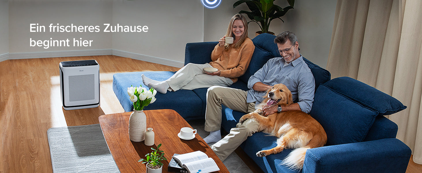 Levoit Vital 200S Luftreiniger in einem Wohnzimmer, sorgt für frische und saubere Luft für das Zuhause, ideal für Haustierbesitzer und Allergiker.