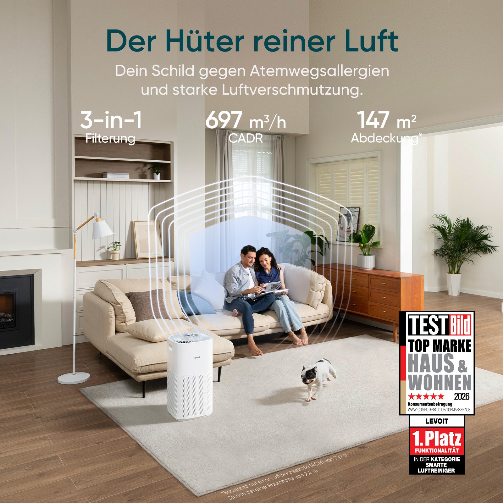 Levoit Core 600S Luftreiniger mit 3-in-1 Filtration, 697 m³/h CADR und 147 m² Abdeckung für saubere Luft in großen Räumen.