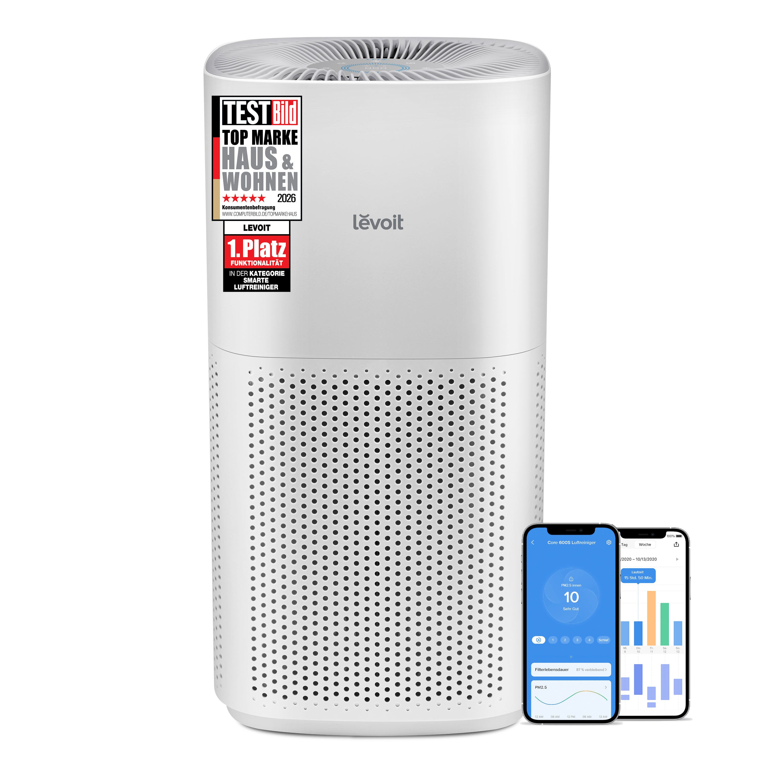 Levoit Core 600S Luftreiniger mit PM2.5 Luftqualitätsanzeige, HEPA-Filter, App-Steuerung und 360-Grad-Lufteinlass für große Räume