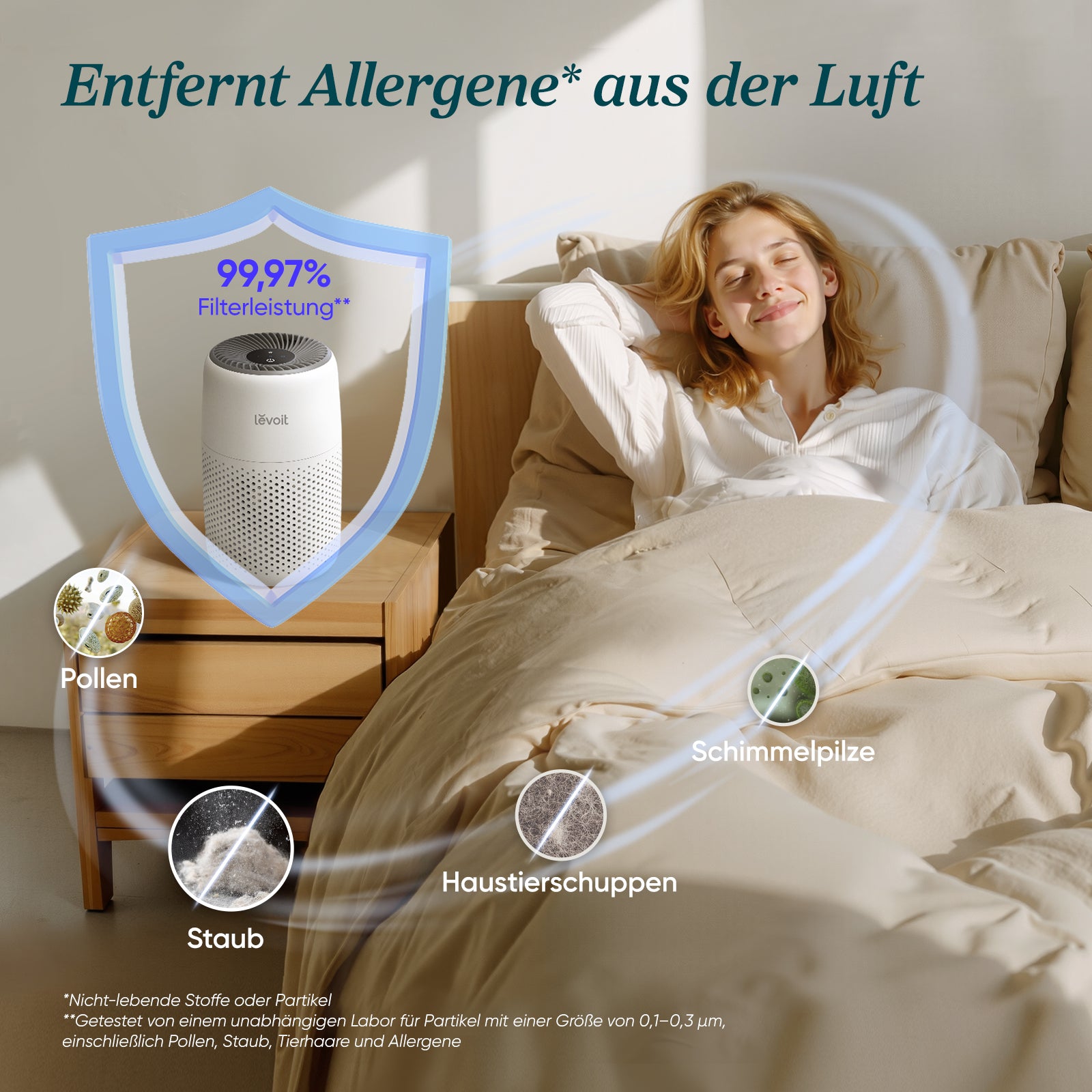 Levoit Core Mini Luftreiniger entfernt 99,97% der Allergene wie Pollen, Staub, Schimmelsporen und Tierhaare aus der Luft