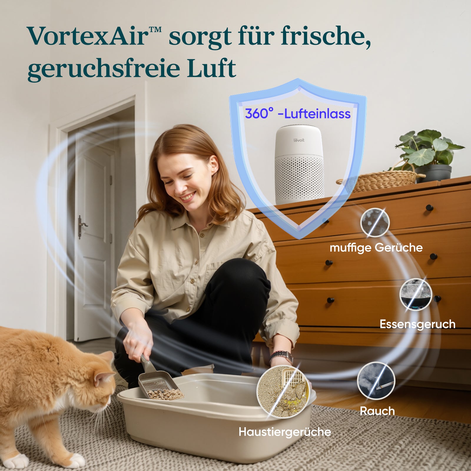 Levoit Core Mini Luftreiniger mit VortexAir™ Technologie, 360°-Lufteinlass zur Beseitigung von Haustiergerüchen, Rauch und muffigen Gerüchen