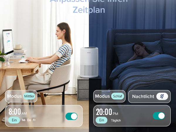 Levoit Core 200S Luftreiniger mit Smart-App-Steuerung, anpassbarem Zeitplan und Nachtlicht für eine komfortable Raumluftreinigung.