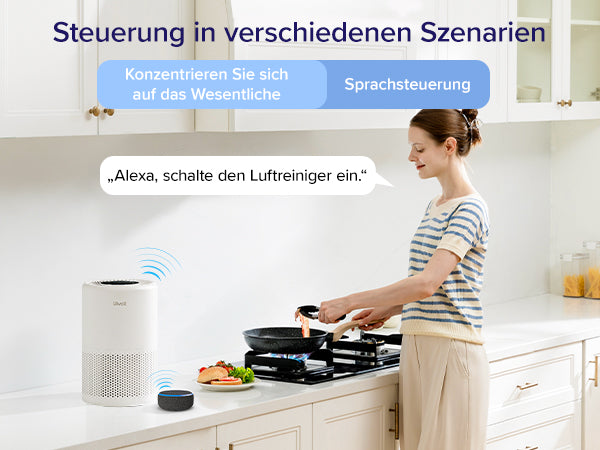 Levoit Core 200S Luftreiniger, gesteuert per Sprachbefehl, während eine Person in der Küche kocht