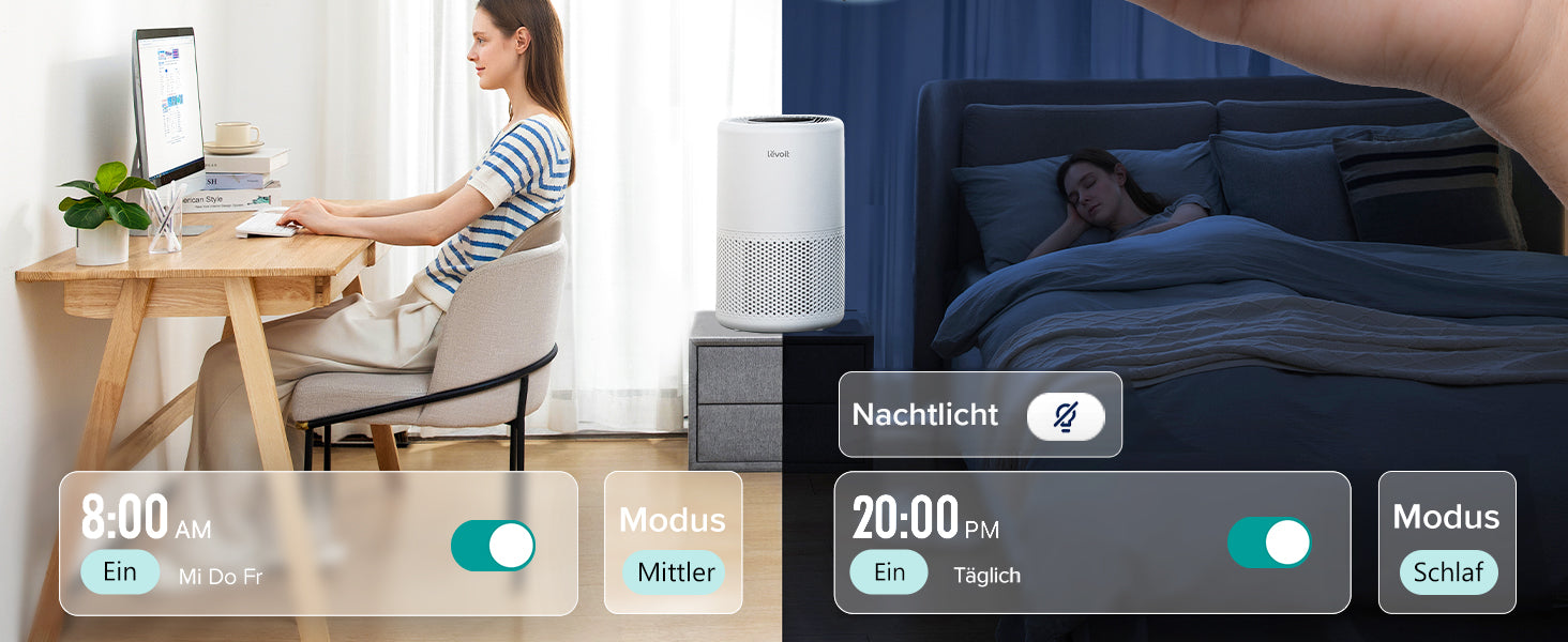 Levoit Core 200S Luftreiniger mit Smart-App-Steuerung, anpassbarem Zeitplan und Nachtlicht für eine komfortable Raumluftreinigung.