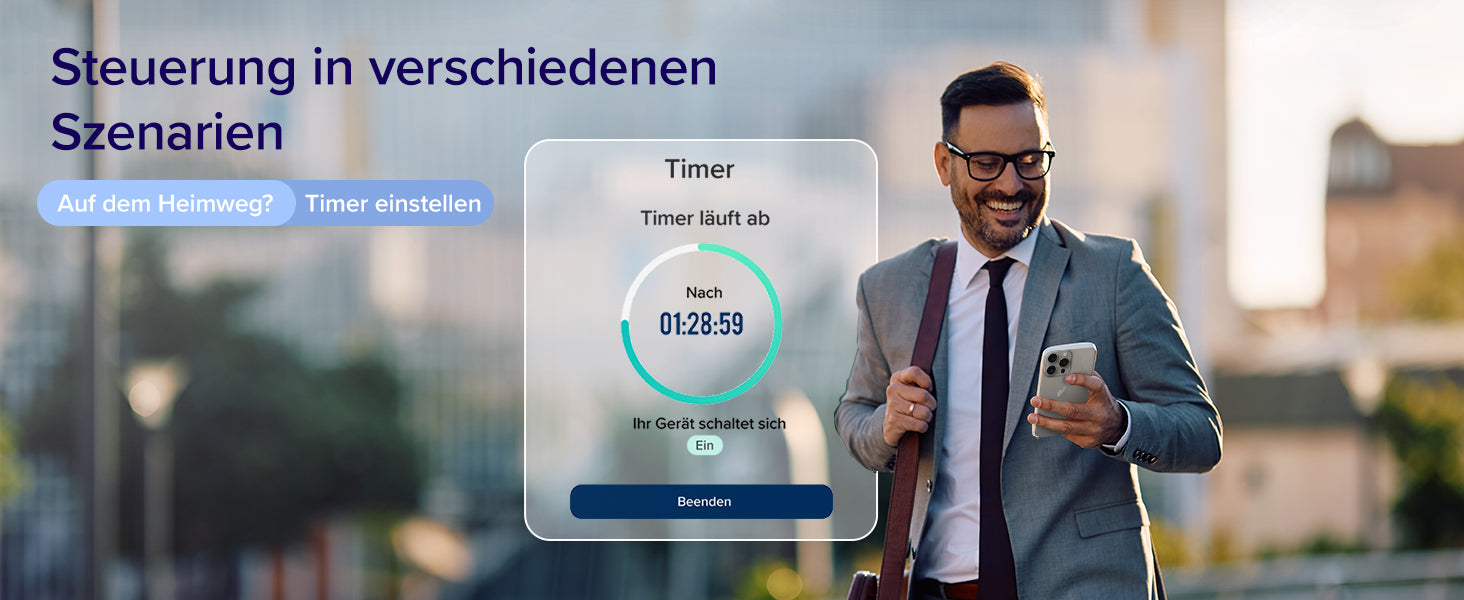 Levoit Core® 200S Luftreiniger mit Timer-Einstellung in einer modernen Stadtumgebung, gesteuert über ein Smartphone von einem Benutzer.