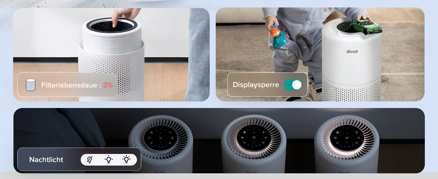 Levoit Core® 200S Luftreiniger mit Filterlebensdaueranzeige, Display-Sperre und Nachtlichtfunktion, verwendet in einer Familiensituation.