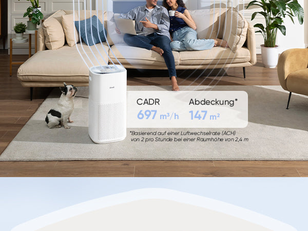 Levoit Core® 600S Luftreiniger mit CADR von 697 m³/h und Abdeckung von 147 m², ideal für große Räume und Haustierbesitzer