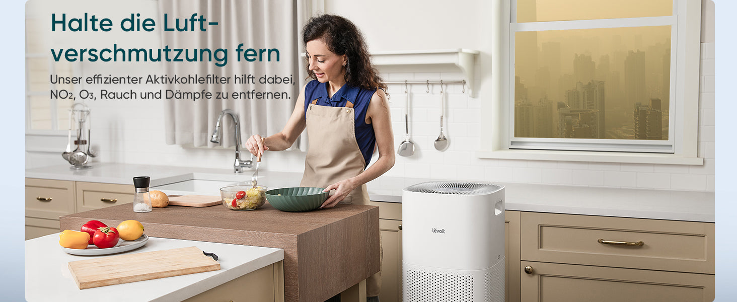 Levoit Core® 600S Luftreiniger mit aktivem Kohlenstofffilter, entfernt NO2, O3, Rauch und Dämpfe für saubere Luft in Ihrer Küche.