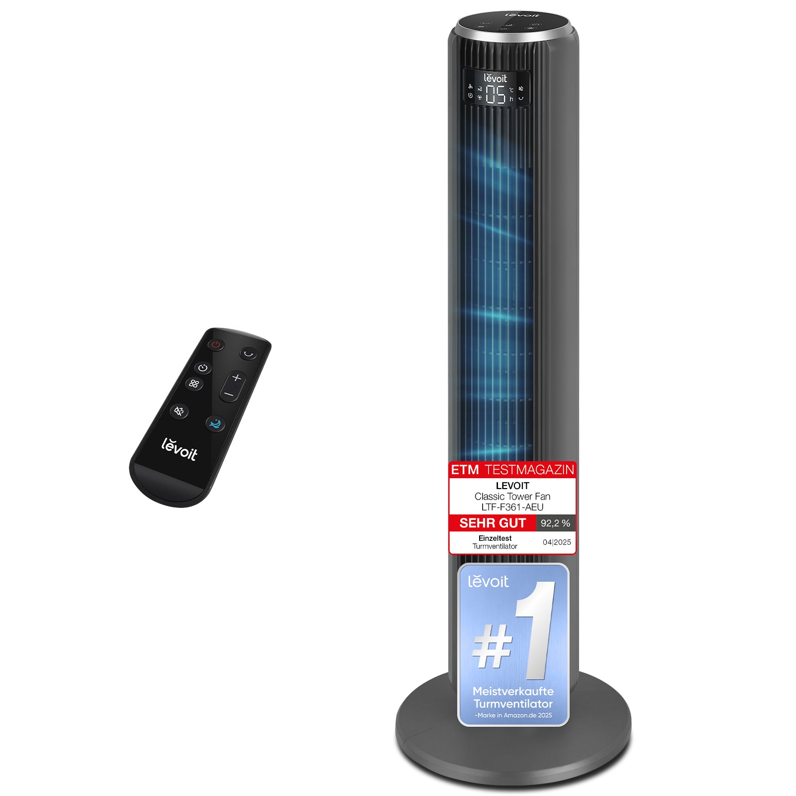 Levoit Turmventilator 36AC – Leiser Säulenventilator mit Schlafmodus & Fernbedienung | Mattgrau